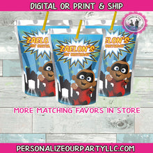 Load image into Gallery viewer, African American jack jack capri sun stickers-incredibles 2-incredibles 2 party favors-boy first birthday party favors-digitl-printed-favors