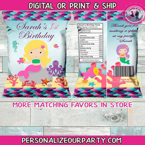 mermaid chip bag/wrappers-digital-printed-mermaid party-mermaid 1st birthday-under the sea party-mermaid party favors-mermaid treat bags-