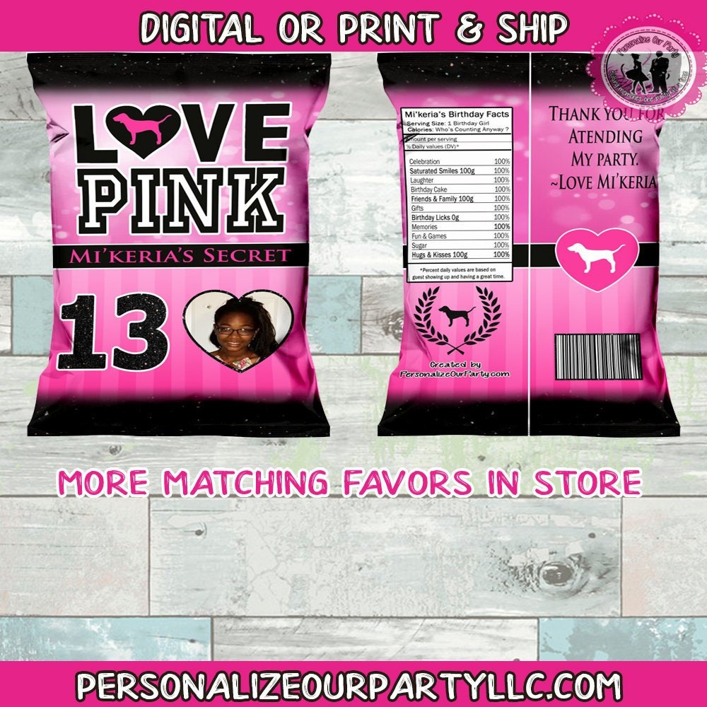 Victoria's secret PINK chip bags/wrappers-pink party favors-victoria's secret birthday-digital-printed-VS party favors-Pink candy table