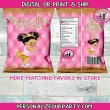 Load image into Gallery viewer, baby girl princess chip bags/wrappers-princess party favors-african american princess-digital-print-party favors-princess baby shower favors