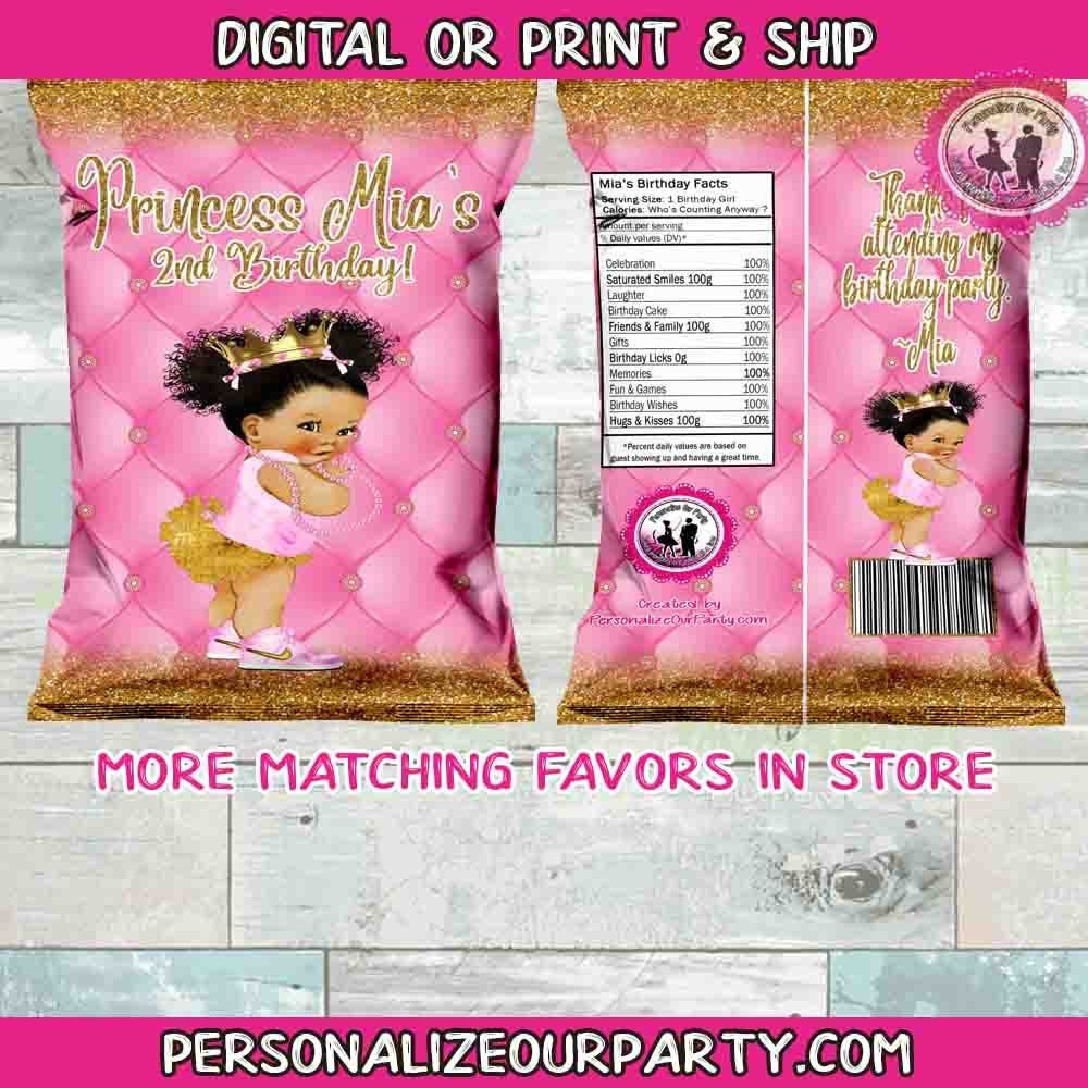 baby girl princess chip bags/wrappers-princess party favors-african american princess-digital-print-party favors-princess baby shower favors