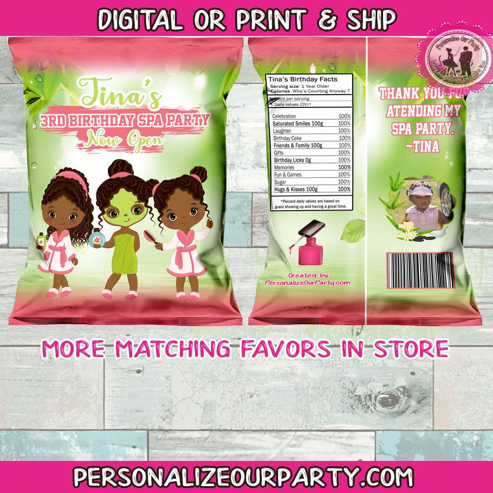 spa party chip bags/wrappers spa party favors-spa birthday-sleep over spa party favors-digital-printed-sleep over spa-custom party favors