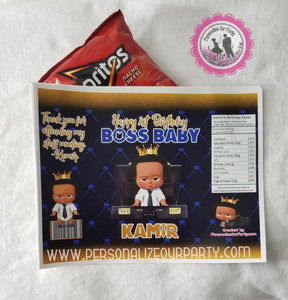 African American boss baby boy package-chip bag/wrappers and juice pouch stickers-digital file or 1 dozen chip bag wrappers and juice pouch stickers printed