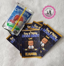 Load image into Gallery viewer, African American boss baby boy package-chip bag/wrappers and juice pouch stickers-digital file or 1 dozen chip bag wrappers and juice pouch stickers printed