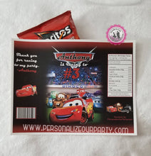 Load image into Gallery viewer, cars chip bag wrapper-digital-printed-cars party favors-custom party favors-cars party-cars 2 party-cars  party-lightening mcqueen party