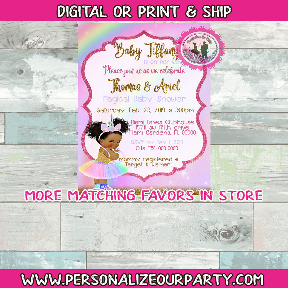 unicorn baby shower invitation-baby shower invitation-party invitations-digital-printed-african american baby girl invitation-baby shower