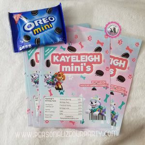 paw patrol girls oreo cookies/wrappers-digital-printed-paw patrol party favors-paw patrol treats-custom paw patrol party favors-pups party