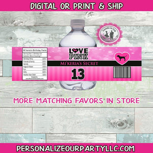 VS love pink water bottle labels-pink party favors-victoria secret party favors-sweet 16-love pink party-digital-printed-pink gift bags