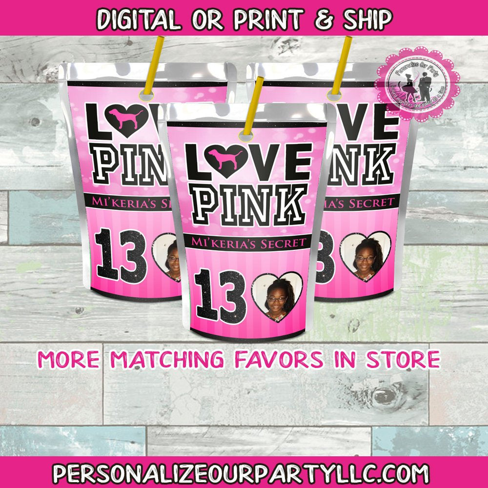 VS love pink capri sun labels-pink party favors-pink birthday favors-victoria's secret party-sweet 16-digital-printed-love pink party favors