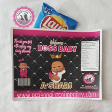 Load image into Gallery viewer, African American boss baby girl chip bags/wrappers-digital-printed-boss baby girl party favors-boss baby girl chip bag-boss baby girl-pink
