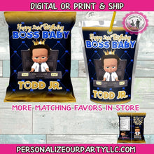 Load image into Gallery viewer, African American boss baby boy package-chip bag/wrappers and juice pouch stickers-digital file or 1 dozen chip bag wrappers and juice pouch stickers printed