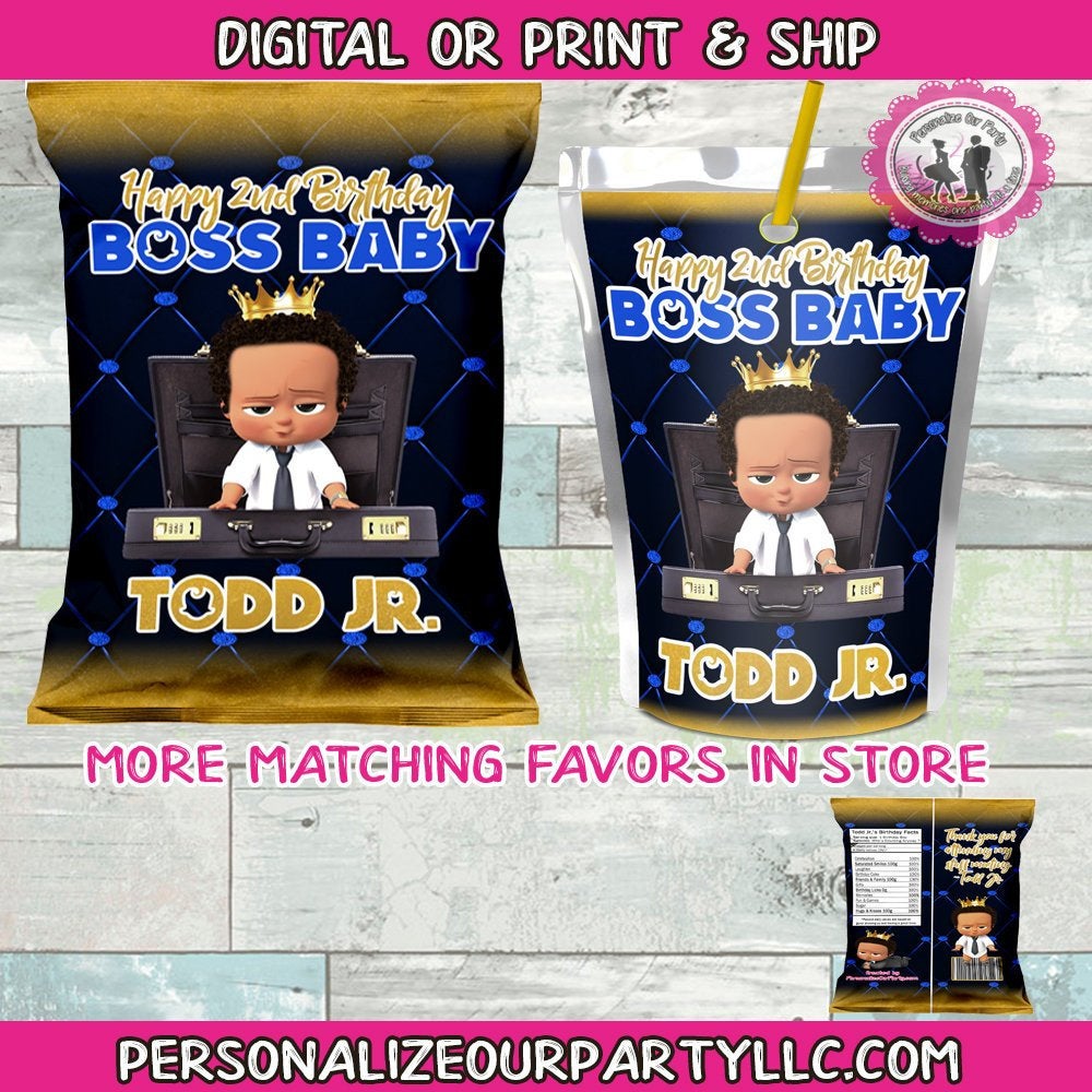 African American boss baby boy package-chip bag/wrappers and juice pouch stickers-digital file or 1 dozen chip bag wrappers and juice pouch stickers printed