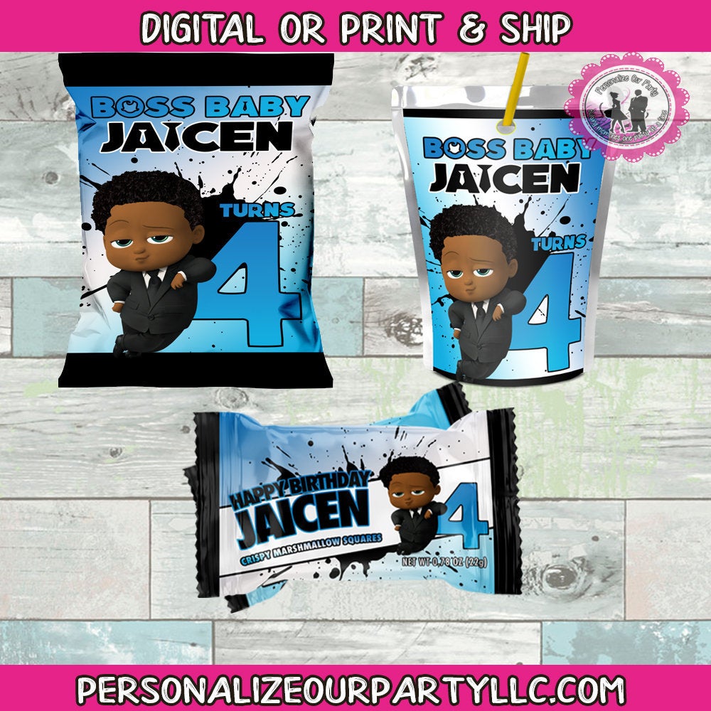 African american boss baby boy party package-digital-printed-boss baby chip bags-boss baby capri sun-boss baby rice krispy treat-boss baby