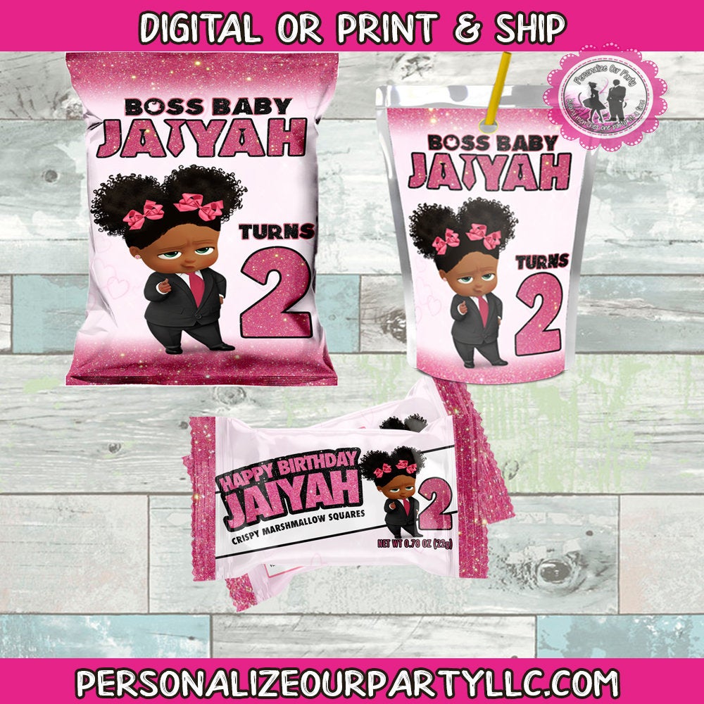 African american boss baby girl party package-digital-printed-boss baby chip bags-boss baby girl girl capri sun-boss baby rice krispy treat-