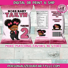 Load image into Gallery viewer, boss baby girl chip bag-African American baby-digital-printed-boss baby party favors-personalized boss baby chip bag-girls first birthday
