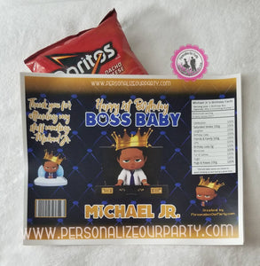 African American boss baby boy package-chip bag/wrappers and juice pouch stickers-digital file or 1 dozen chip bag wrappers and juice pouch stickers printed