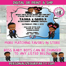 Load image into Gallery viewer, African American boss baby gender reveal party invitations-digital-printed-black boss baby party invitations-gender reveal party-boss baby
