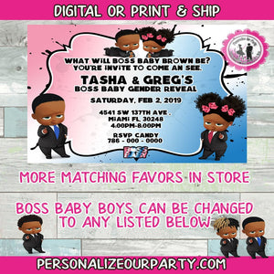 African American boss baby gender reveal party invitations-digital-printed-black boss baby party invitations-gender reveal party-boss baby