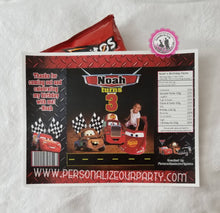 Load image into Gallery viewer, cars custom chip bag wrappers-digital-printed-cars party favors-cars 2-cas 3-race car party favors-cars chip bags-cars birthday-cars treats