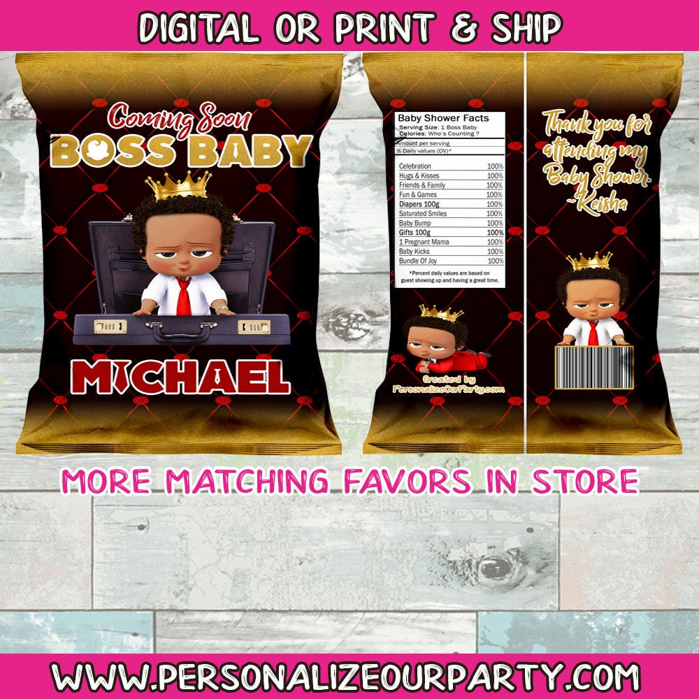 Red boss baby baby shower chip bag/wrapper-digital-printed-boss baby boy-african american boss baby shower favors-party favors-baby shower