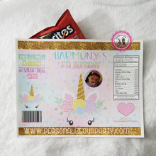 Load image into Gallery viewer, unicorn personalized chip bag wrappers-digital-printed-unicorn birthday party favors-unicorn party-unicorn 1st birthday-unicorn chip bags