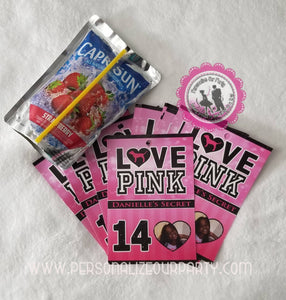 VS love pink capri sun labels-pink party favors-pink birthday favors-victoria's secret party-sweet 16-digital-printed-love pink party favors