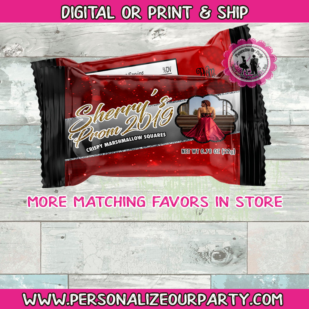 prom rice krispy treats/wrappers-digital-printed-prom watch party favors-prom send off party favors-prom party-custom prom party favors