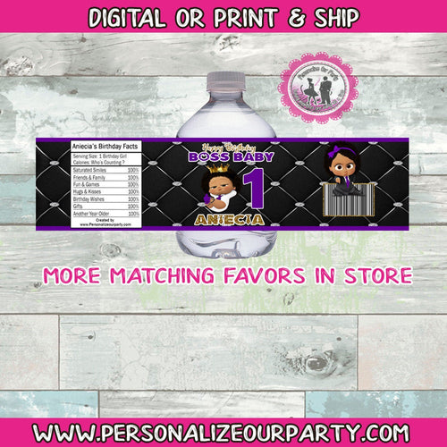 African america purple boss baby girl water bottle labels-digital file or 1 dozen printed wrappers