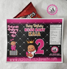 Load image into Gallery viewer, African american boss baby girl chip bag wrapper-digital-printed-boss baby party favors-personalized boss baby chip bag-girls first birthday