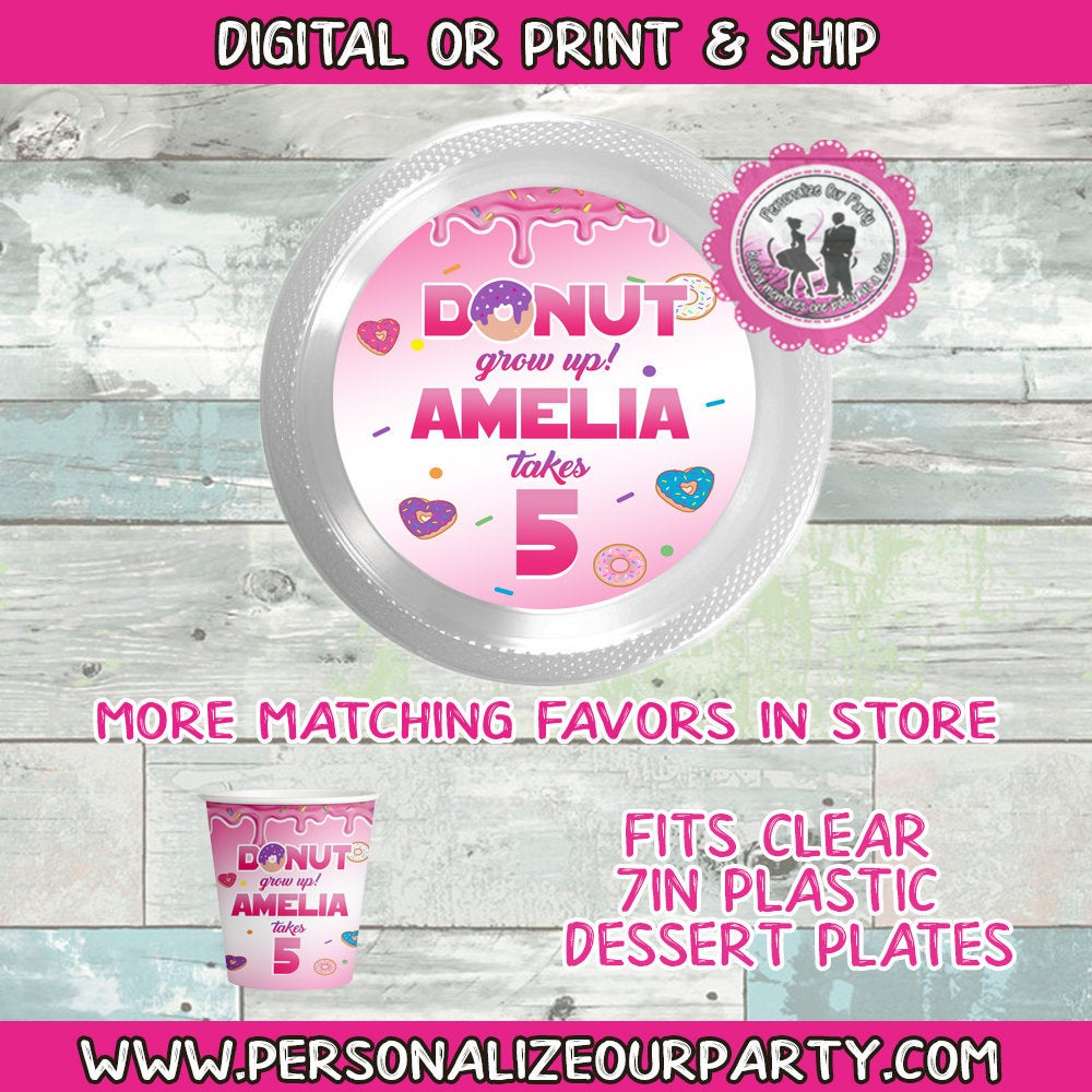 Donut grow up themed 7in DESSERT PLATE labels-digital-printed-donut party supplies-donut party favors-donut party favors-donut plates-donut