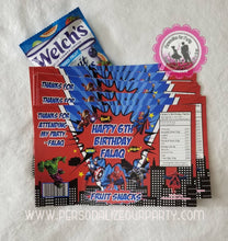 Load image into Gallery viewer, super hero fruit snack wrappers-digital-printed-super hero party-super hero birthday party favors-snack bag favors-treat bag favors-party
