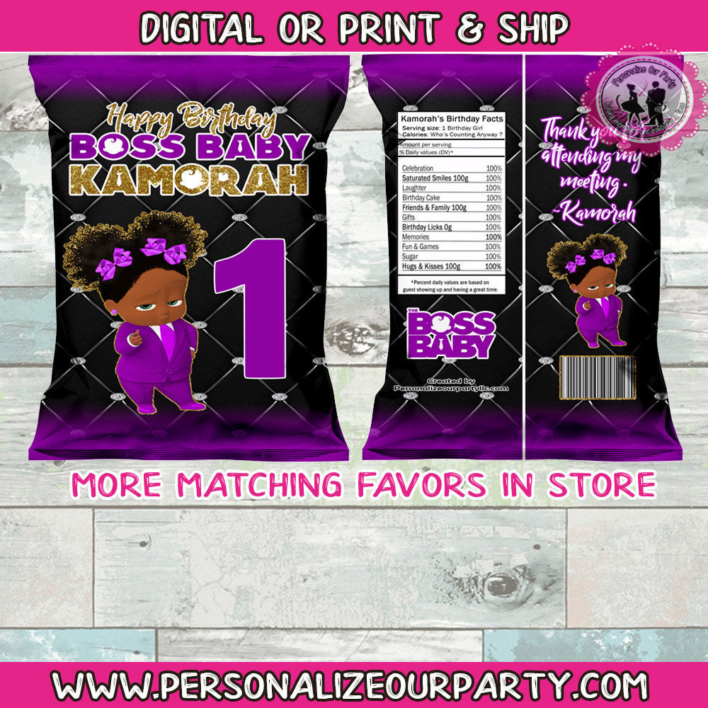 African american boss baby girl chip bags/wrapper-digital-printed-boss baby party favors-boss baby girl purple suit-chip bag-boss baby