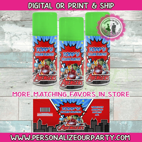 Avengers goofy string spray-silly string-digital-printed-avengers party favors-avengers birthday-avengers web shooter-avengers treat bag