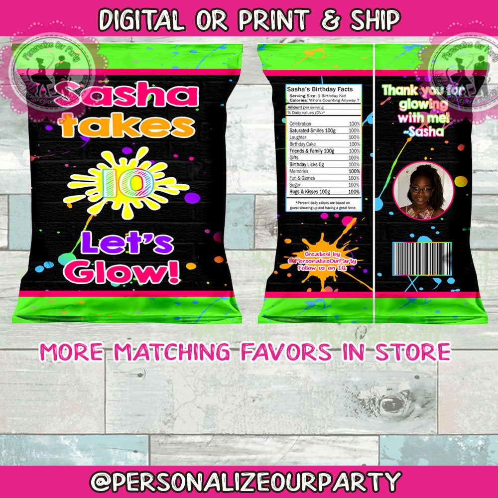 Glow party chip bag/ chip bag wrappers-glow party favors-glow party-slime party-glow in the dark party-glow party bags-slime party favors