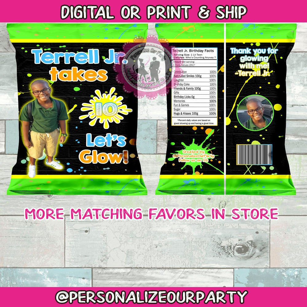 Glow party chip bag wrappers/chip bags-glow party favors-glow party-slime party-glow in the dark party-glow party bags-slime party favors