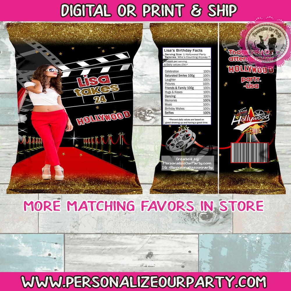 Hollywood movied inspired chip bag/wrappers-holloywood party favors-movie party favors-custom photo chip bag-hollywood birthday-movie theme