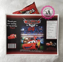Load image into Gallery viewer, cars chip bag wrapper-digital-printed-cars party favors-custom party favors-cars party-cars 2 party-cars  party-lightening mcqueen party