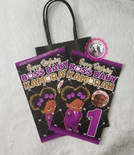 Load image into Gallery viewer, boss baby girl party bags-African American boss baby girl-gift bags-digital-printed-boss baby girl purple-boss baby girl favors-boss baby