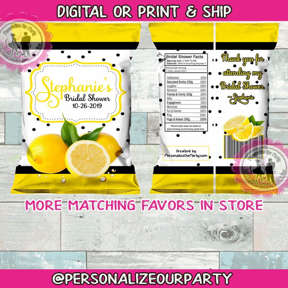 lemon bridal shower chip bag/wrapper-lemon party favors-lemon birthday favors-main squeeze party favors-lemonade party favors-lemonade party