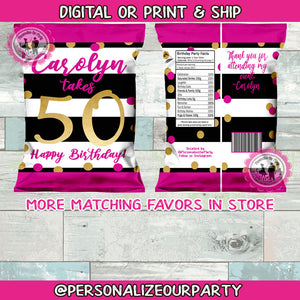 Birthday chip bag/wrappers-50th birthday party-milestone party favors-50th birthday-black gold pink and white favors-digital-print-fvors