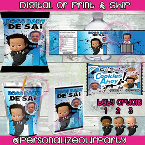 African American boss baby boy party package-boss baby boy birthday party favors-chip bags-water bottle-cookies-juice pouch-candy bag