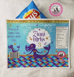 mermaid chip bag wrappers-digital-printed-mermaid party-mermaid first birthday party favors-personalized mermaid chip bags-mermaid treats