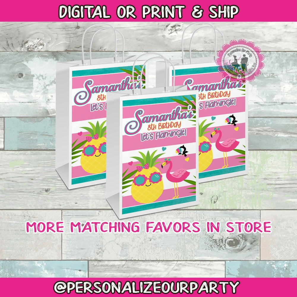 pineapple and flamingo party bag labels-digital-print-tropical party favors-pineapple party favors-flamingo party favors-candy bags-gift bag