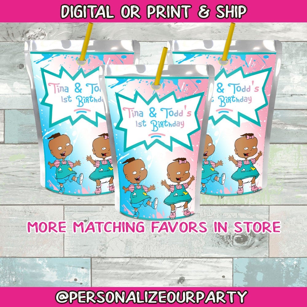 African american phil an lil capri sun labels-digital-printed-rugrats party favors-first birthday-twins personalized party favors-twins