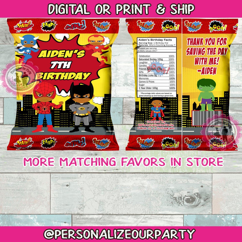 African Ameroican super hero chip bag wrappers-superhero chip bag favors-super hero birthday party favors-custom party favors-hero party