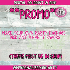 Digital party favors package-Pick any 4 favors-theme must be a theme I have in stock-party favors package-chip bags-juice pouches-digital
