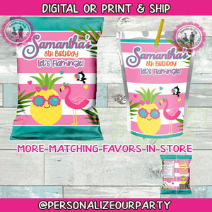 Pineapple & flamingo chip bag wrappers and juice pouch label-pineapple party favors package-flamingo party-pineapple birthday-beach party