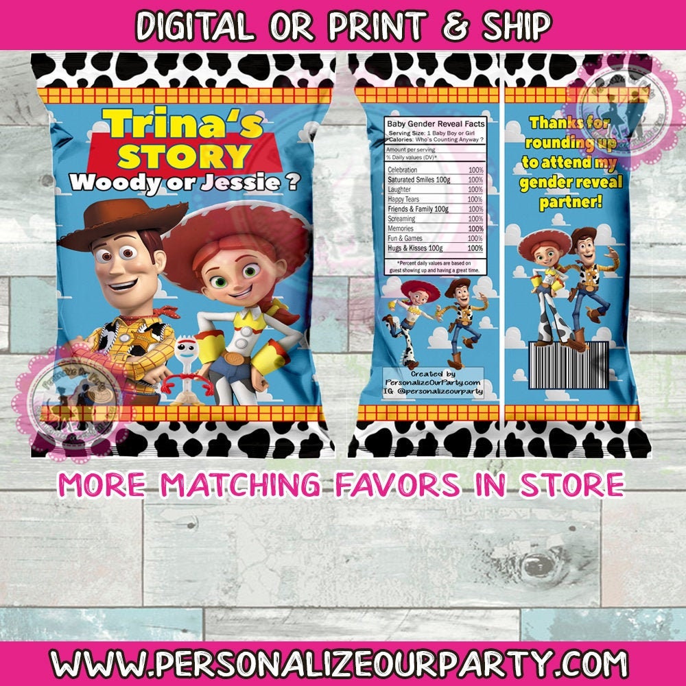 Toy story gender reveal chip bags/wrappers-toy story baby shower-toy story candy bags-custom party favors-digital-printed-gender reveal