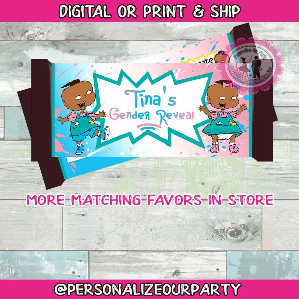 Gender reveal party African american phil an lil Hershey's candy bar wrapper-digital-printed-rugrats party-twins personalized party favors