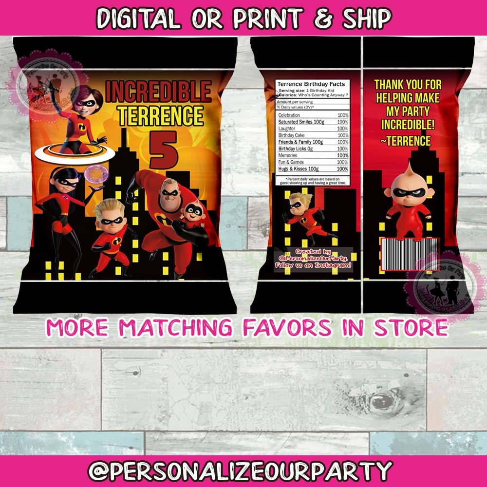 Incredibles 2 chip bags/chip bag wrappers-incredibles 2 party favors-incredibles 2 birthday-incredibles party favors-digital-printed